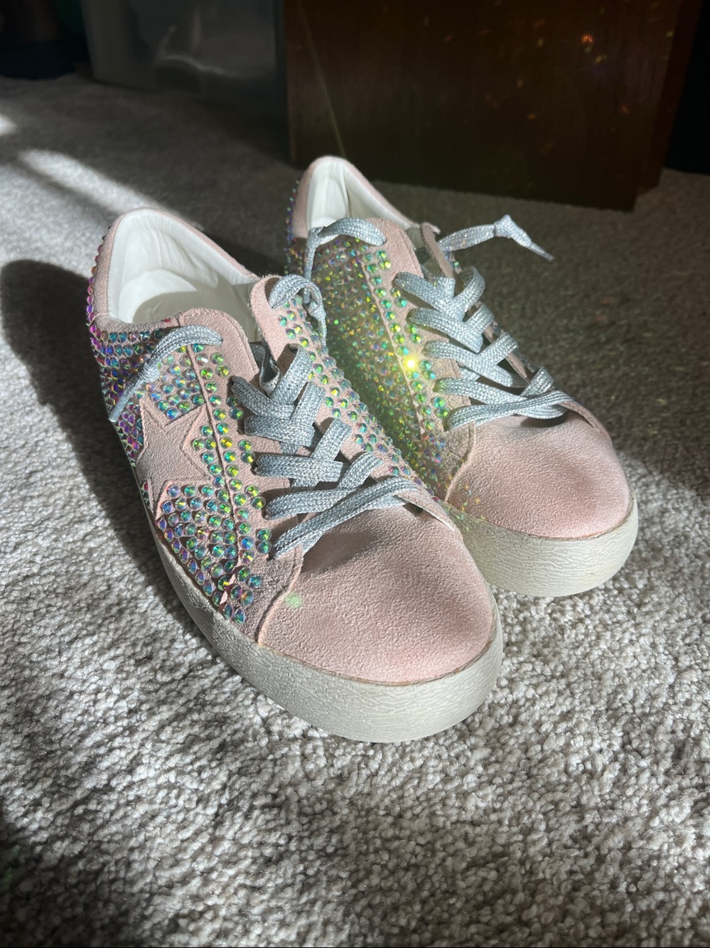 Mi Im Pink Suede Crystal-Studded Sneakers with Silver Laces